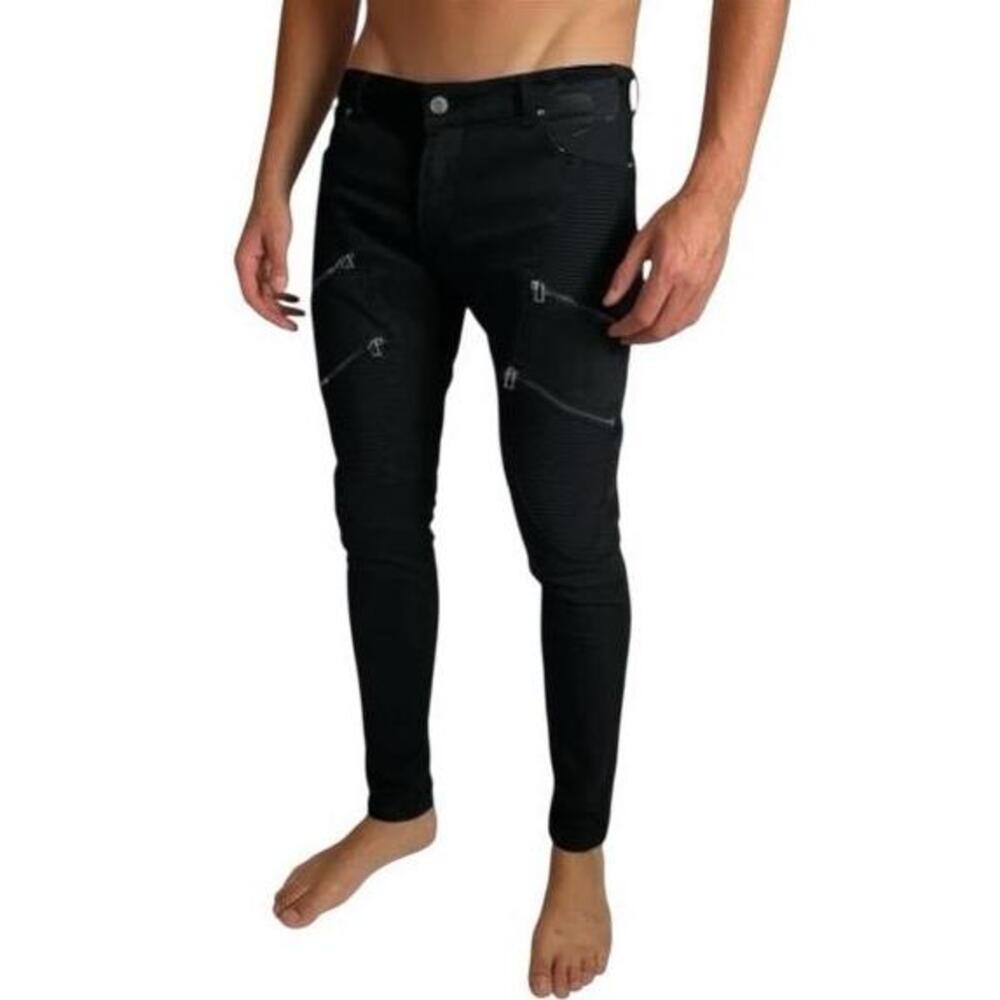 Retro Distrikt Mens Black Moto Zipper Slim Biker Paneled Jeans Size 38